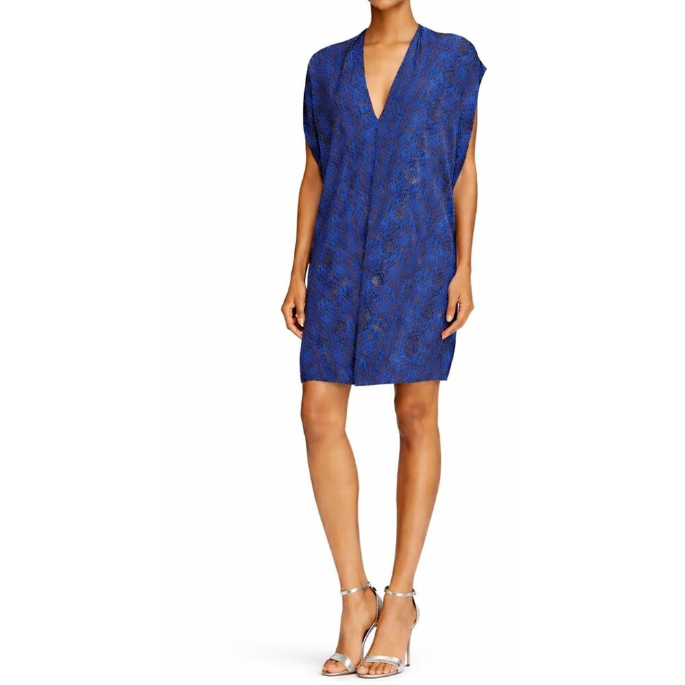 VINCE Double V-Neck Silk Cobalt Blue Coastal Combo Print Dress Small Minimalist
